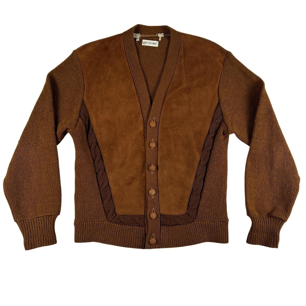 Vtg Cardigan Mens Medium Wool Suede Front‎ Kurt Cobain Suede Button Knit 70s 60s